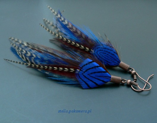 Kolczyki z piórami slim long No 3 copper/ blue Stella