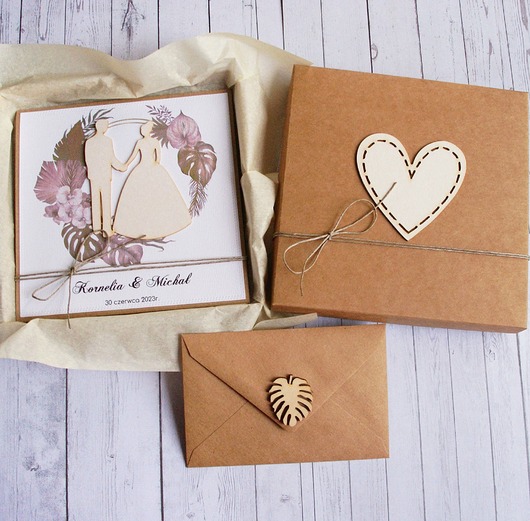 zaproszenia i kartki na ślub Kartka w pudełku : personalizacja - monstera boho.