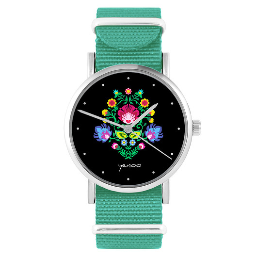 zegarki damskie Zegarek - Folkowy czarny - turkusowy, nylonowy