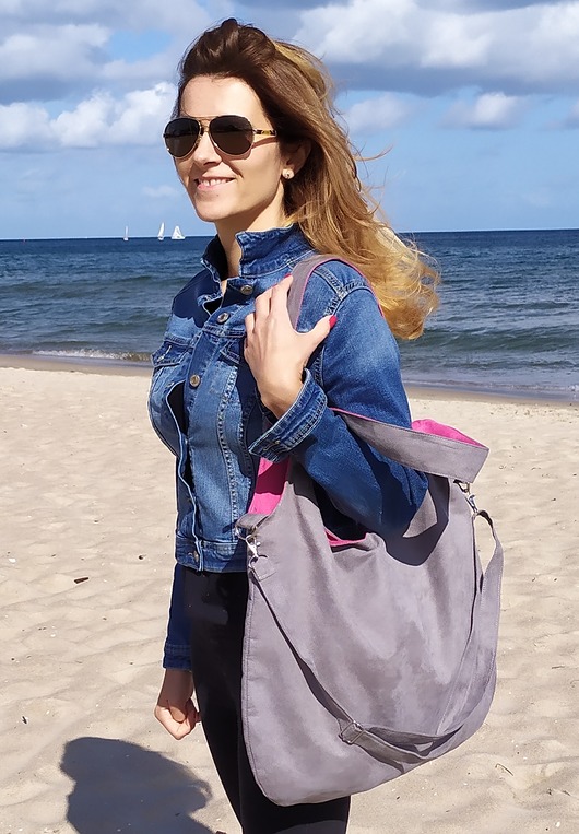 torby na ramię Duża torba  boho szary z różem XXL