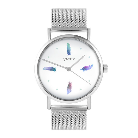 zegarki damskie Zegarek - Turkusowe piórka - bransoleta mesh