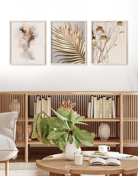 plakaty Zestaw 3 Plakatów Boho: Złota Palma, Abstrakcja, Suszone Kwiaty
