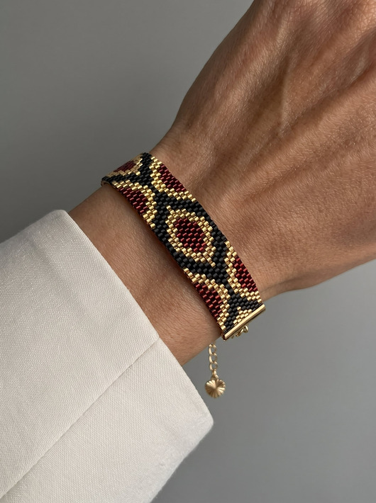 bransoletki ze szkła Bordowa złota bransoletka z koralików Miyuki - ornamental