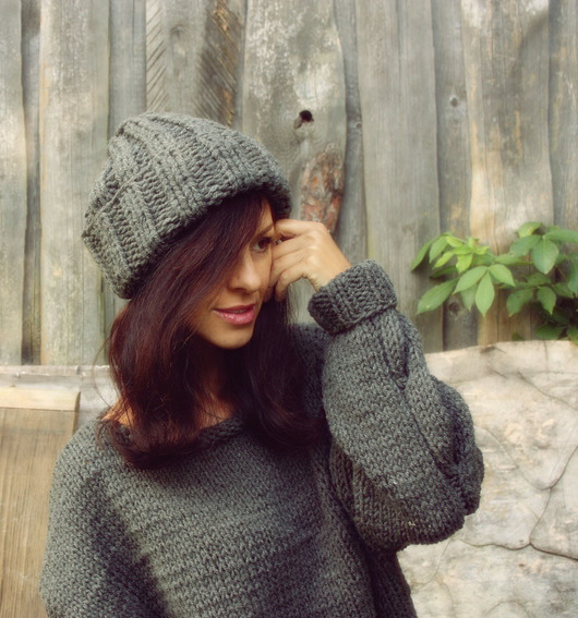 czapki damskie Szara czapka beanie  z wełną Hand Knit