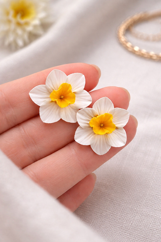 kolczyki z masy plastycznej Kolczyki narcysy białe handmade z polimerowej gliny