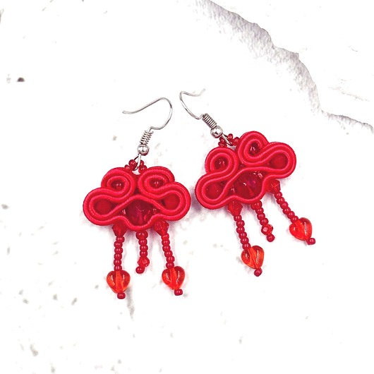 kolczyki soutache Kolczyki sutasz czerwone z koralikami