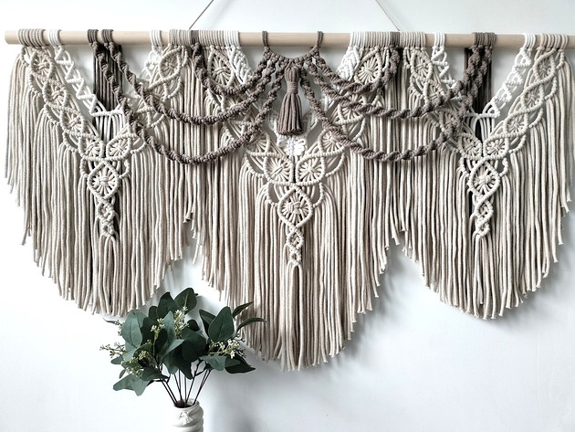 makramy Duża Makrama Ścienna ARKADIA 120 Trzykolorowa Beż Brąz - 120x70 cm