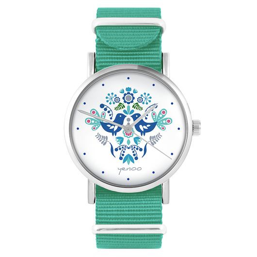 zegarki unisex Zegarek -  Folkowe ptaszki, niebieskie - turkusowy, nylonowy