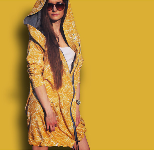 Oversize bluza zółta,ogromny kaptur w liście agagu