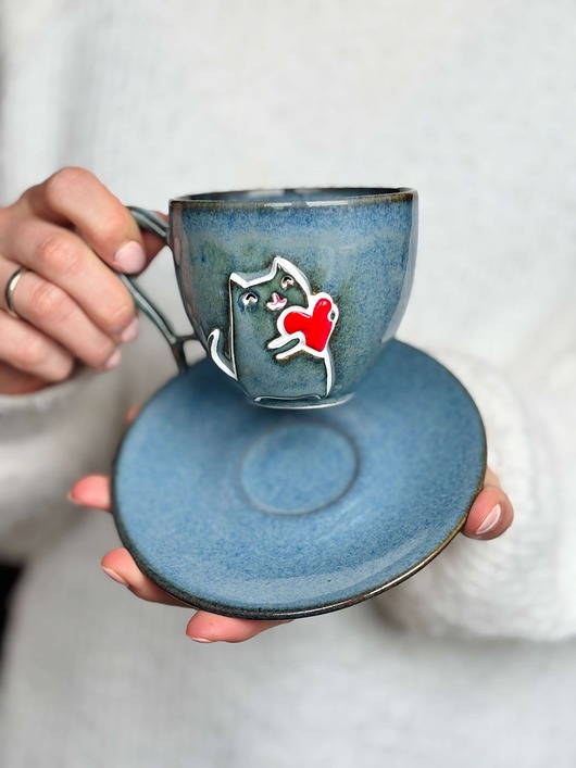 filiżanki Filiżanka Kotełek z serduszkiem Ceramiczna Morska 220ml