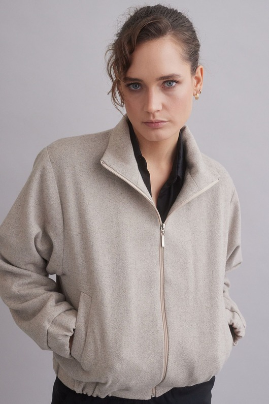 kurtki damskie 100% wełniana Kurtka bomber Aspen look melanżowy beż z wąskim rękawem