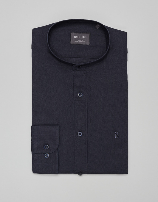 koszule męskie Lniana koszula lentane ze stójką 00478 długi rękaw granatowy slim fit