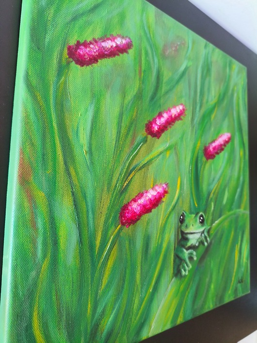 obrazy Kwietna Łąka Obraz Olej Żaba Kwiaty 40x40 Natura Zieleń Róż Trawa