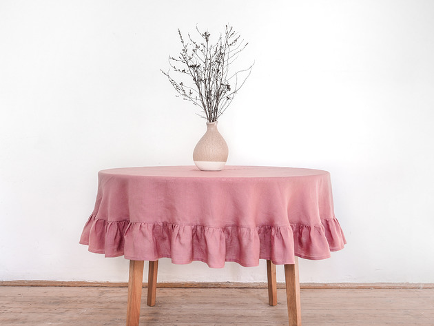 obrusy i serwetki Obrus okrągły z falbanką DUSTY PINK