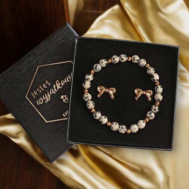 komplet biżuterii Komplet na prezent : jaspis dalmatyński, stal pozłacana : KOKARDKI