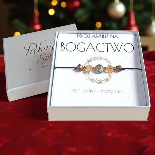bransoletki z kamieni naturalnych Amulet - BOGACTWO - świąteczne pudełko - PIRYT, CYTRYN, TYGRYSIE OKO