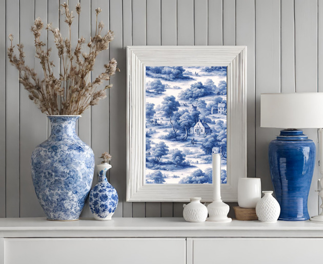 plakaty PLAKAT Toile de jouy, biało niebieska dekoracja, chinoiserie