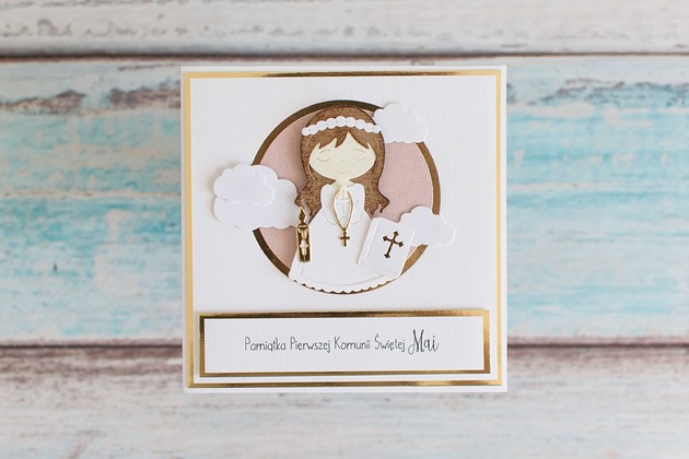 kartki scrapbooking Pamiątka Pierwszej Komunii Świętej dla dziewczynki, dla chłopca aniołek