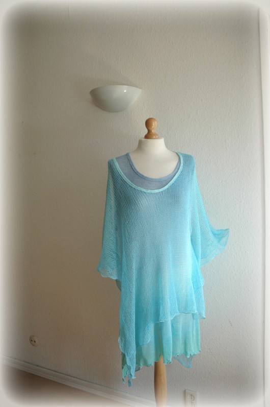 Turquoise Blue Summer tunic malowane lnem