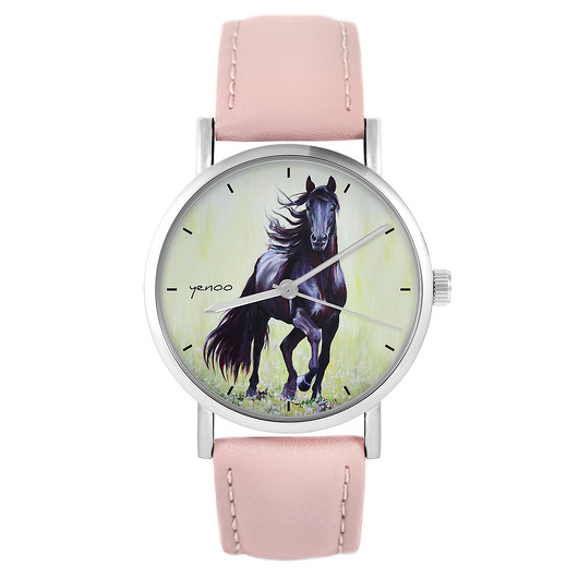 zegarki damskie Zegarek - Czarny koń malowany - skóra, pudrowy róż