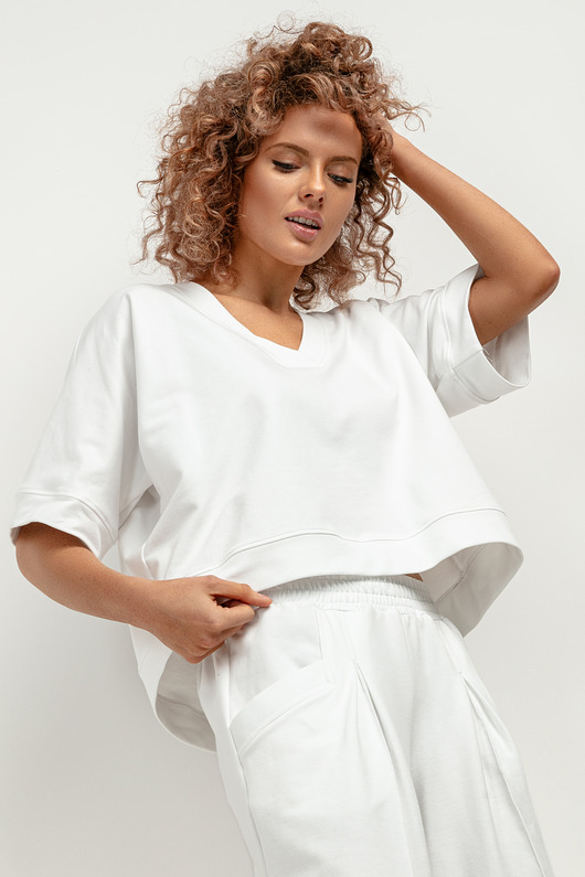 bluzki kimonowe damskie Bluza kimono z dekoltem V, T416, biały