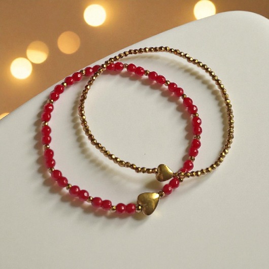 bransoletki z kamieni naturalnych WYSYŁKA 24h Komplet czerwono-złoty : bransoletki z serduszkami : na prezent