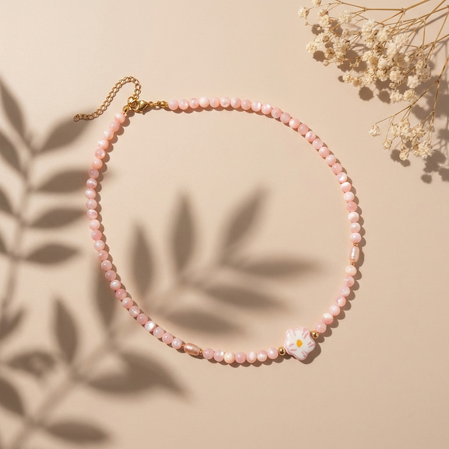 złote naszyjniki Naszyjnik z masy perłowej, pereł i z ceramicznym kwiatem