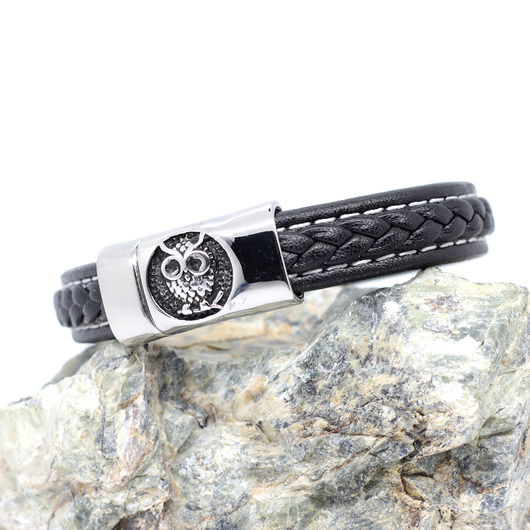 Bransoleta ze skóry czarna z sową KociokwikJewelry