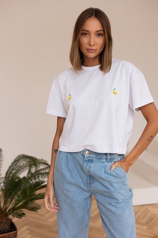t-shirt damskie T-shirt Crop-Voila Biały Cytryny