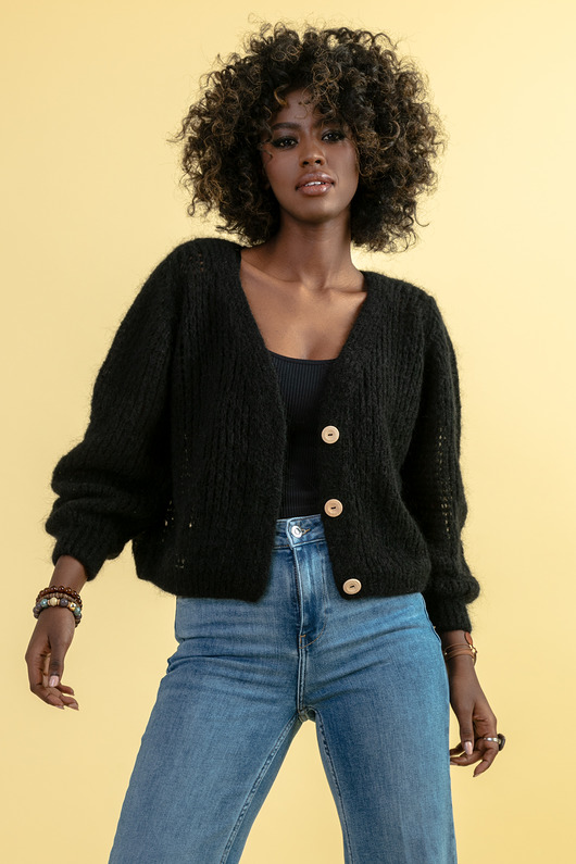 kardigany damskie ZAPINANY KRÓTKI KARDIGAN Z WEŁNY MERYNOS F1668 CZARNY