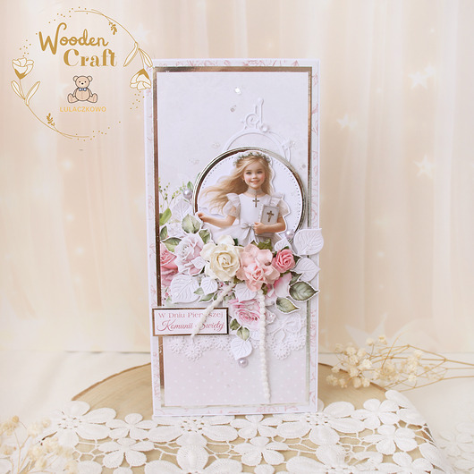 kartki na komunię Kartka komunijna pamiątka pierwszej komunii świętej "PinkRoses2" GOTOWA