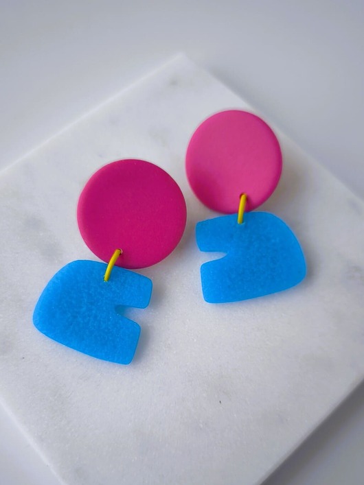 kolczyki z masy plastycznej Geometryczne kolczyki- OU lazur/fuksja