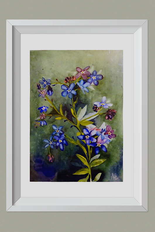 Akwarela niezapominajki 40x30cm + biała rama ŁUKASZ KROKOSZ ART
