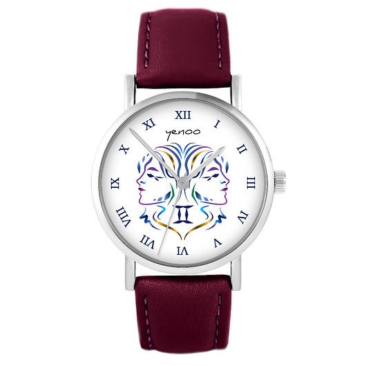 zegarki unisex Zegarek - Bliźnięta - skórzany, burgund