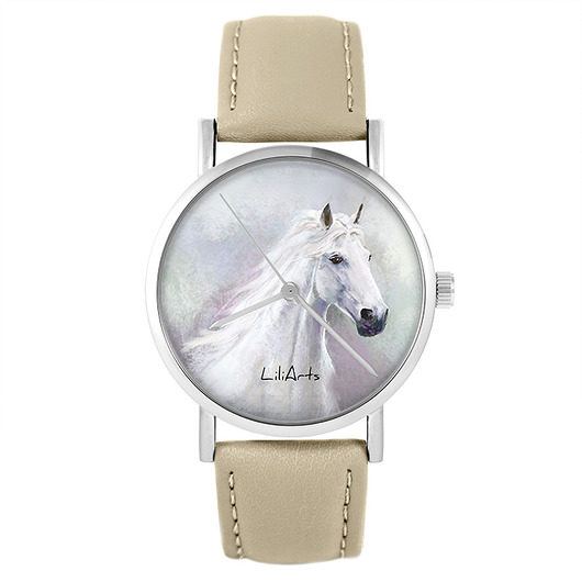 zegarki unisex Zegarek yenoo - Biały koń - skórzany, beżowy