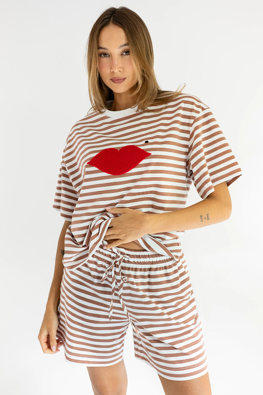 t-shirt damskie Bluzka Joy Usta Paski Koniak