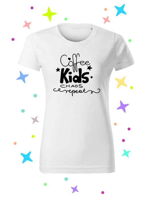 t-shirt damskie T-shirt Biała koszulka z napisem  "Coffee Kids Chaos Repeat" Folia Flex