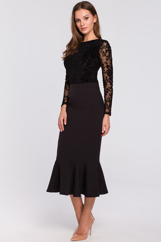 spódnice midi Spódnica z falbanką u dołu-czarna(K-025)