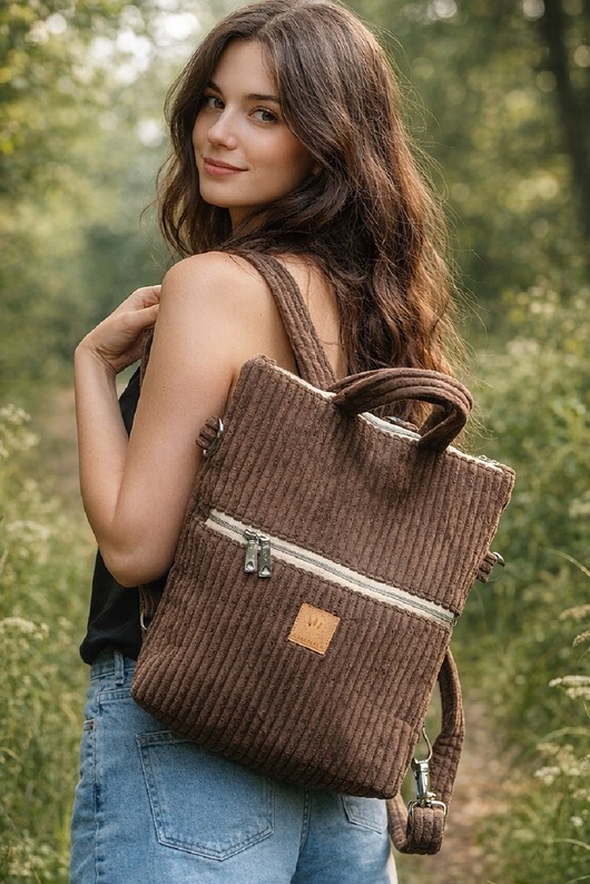 plecaki Plecak torba 2w1 sztruksowy Brązowy
