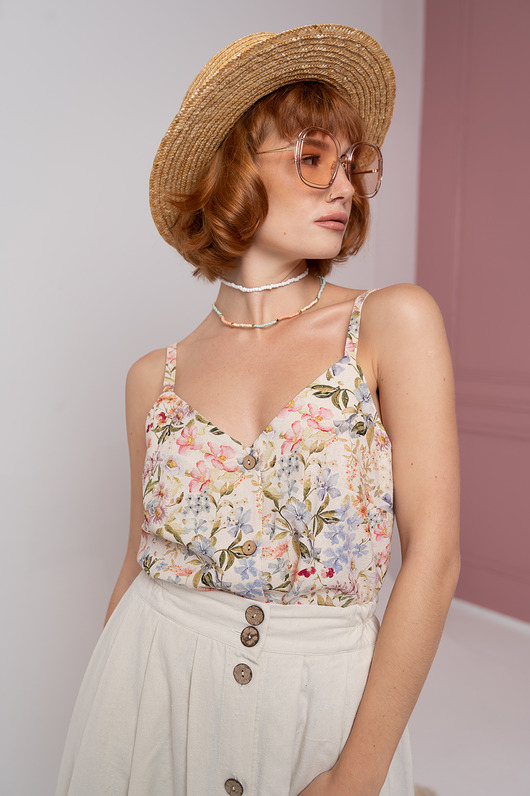 topy damskie Jedwabny top na guziki, FLORAL BLUE