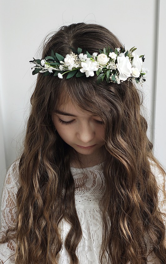 wianki komunijne Wianek komunijny dla dziewczynki biel, ivory,  zieleń.