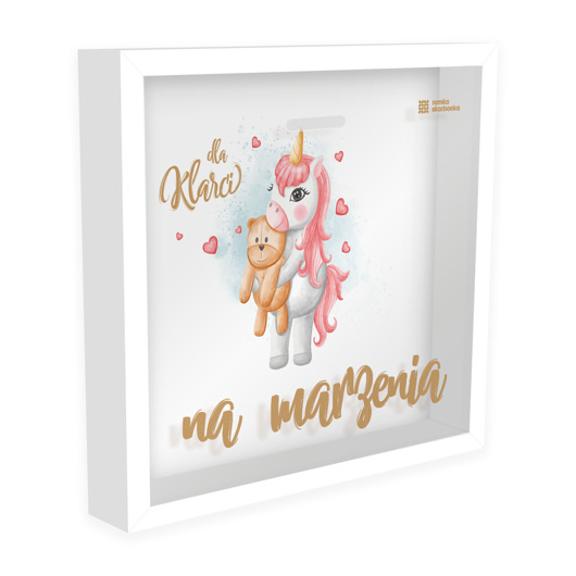 ramki na zdjęcia Ramka Skarbonka - Na marzenia - jednorożec z misiem - z imieniem dziecka