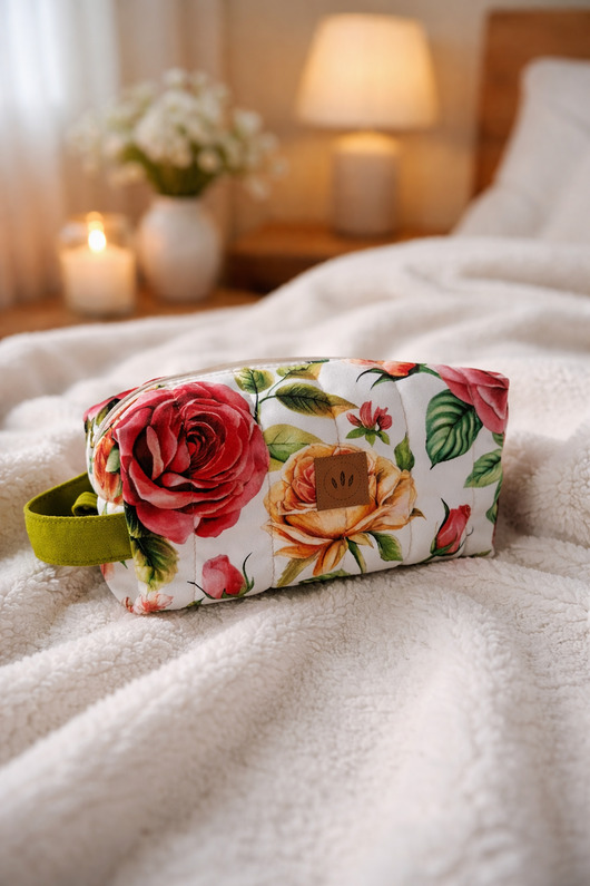 kosmetyczki Pikowana kosmetyczka XL z weluru w Kolorowe Róże