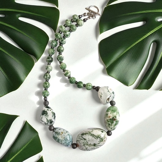 kolie UNIKAT agat mszysty, jaspis, stal szlachetna : unikatowy MASYWNY naszyjnik