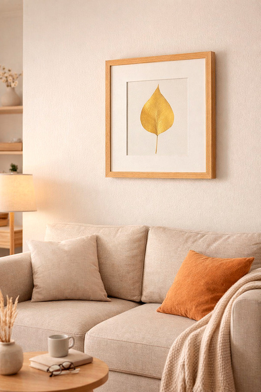 Ozdoby na ścianę Złoty Liść Bzu. Naturalny Dekor Ścienny. Drewniana Ramka Obraz 20x20cm