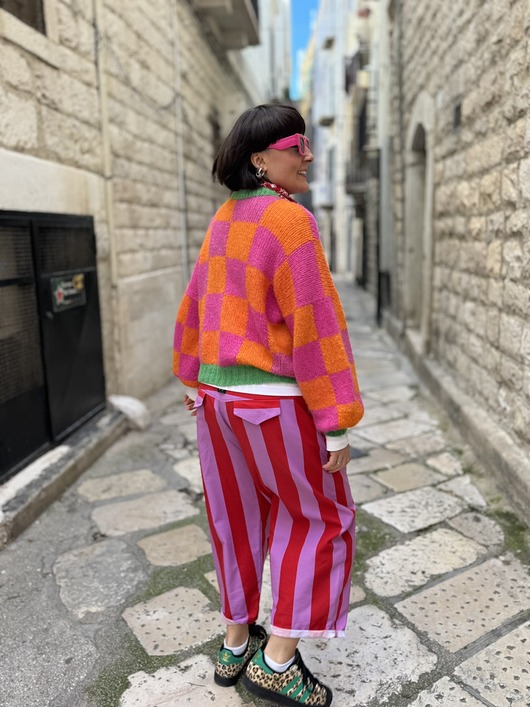 spodnie materiałowe damskie Bawełniane Barrel Leg w paski