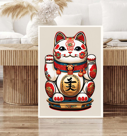 grafiki i ilustracje PLAKAT z kotem na szczęście , maneki neko grafika, japońska ilustracja