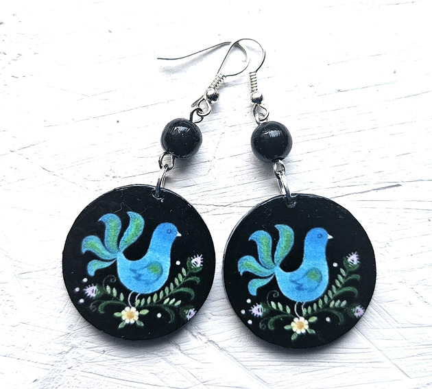 kolczyki drewniane Ptaszki niebieskie