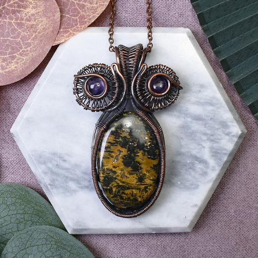 wisiory Miedziany wisiorek wire wrapping z jaspisem i ametystem #467