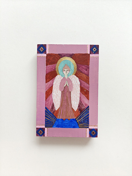 obrazy Anioł malowany na desce, prezent komunijny, Mały Anioł na drewnie